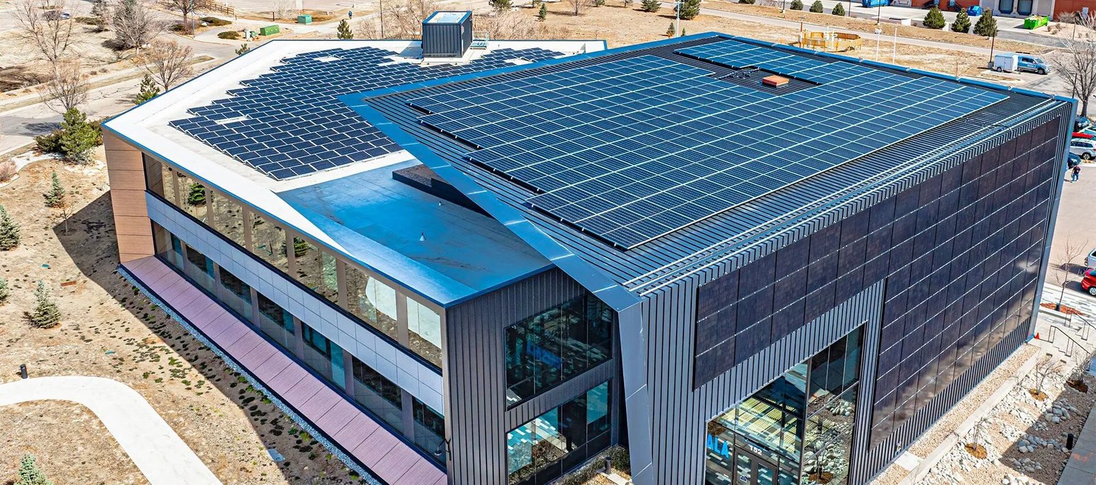 Solar panels installed on a commercial building roof