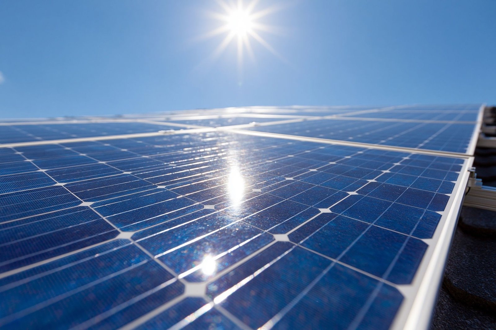 On-grid solar panel array under clear sky